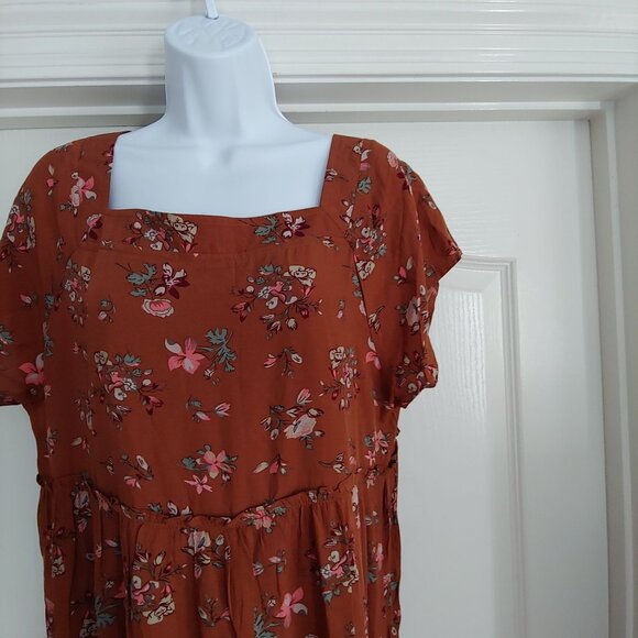 Natural Life Brown Floral Tiered Granola Soft Girl Square Neck Cottage Dress L - Picture 5 of 14